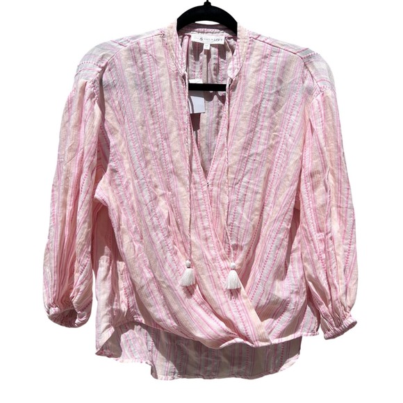 Lou & Grey Tops - Lou & Grey for LOFT Pink Striped Tassel Surplice Blouse XS‎ New